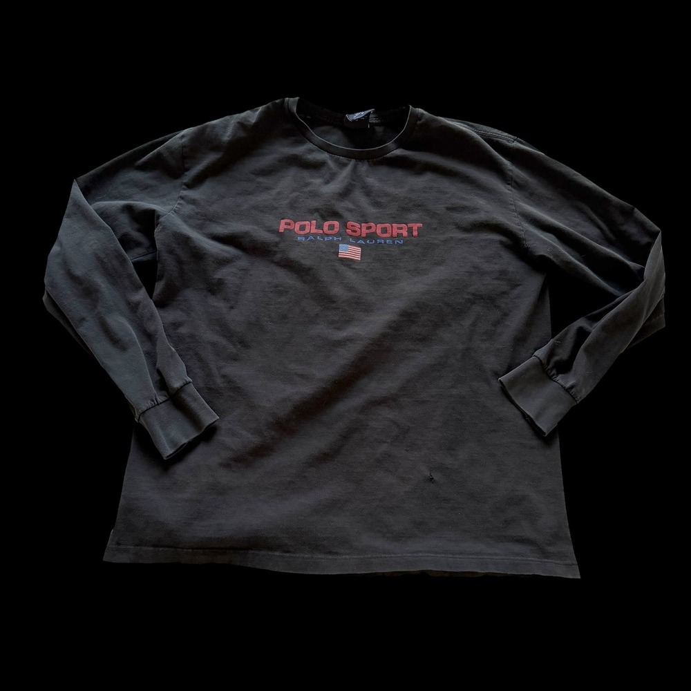 Polo Sport 90's Ralph Lauren Long Sleeve T-Shirt Faded Black Med Distressed